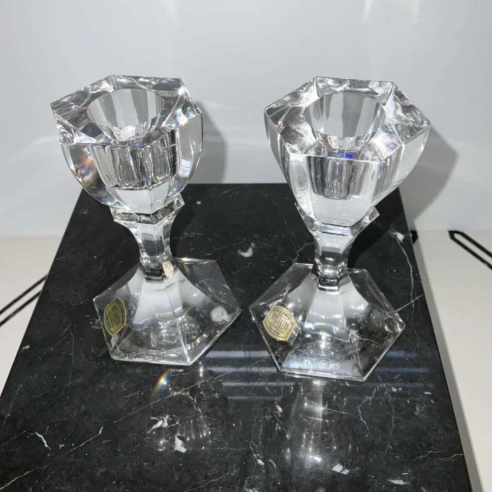 Atlantis Crystal Short Candle Sticks Made In Portugal Signed‎ Weddings Halloween